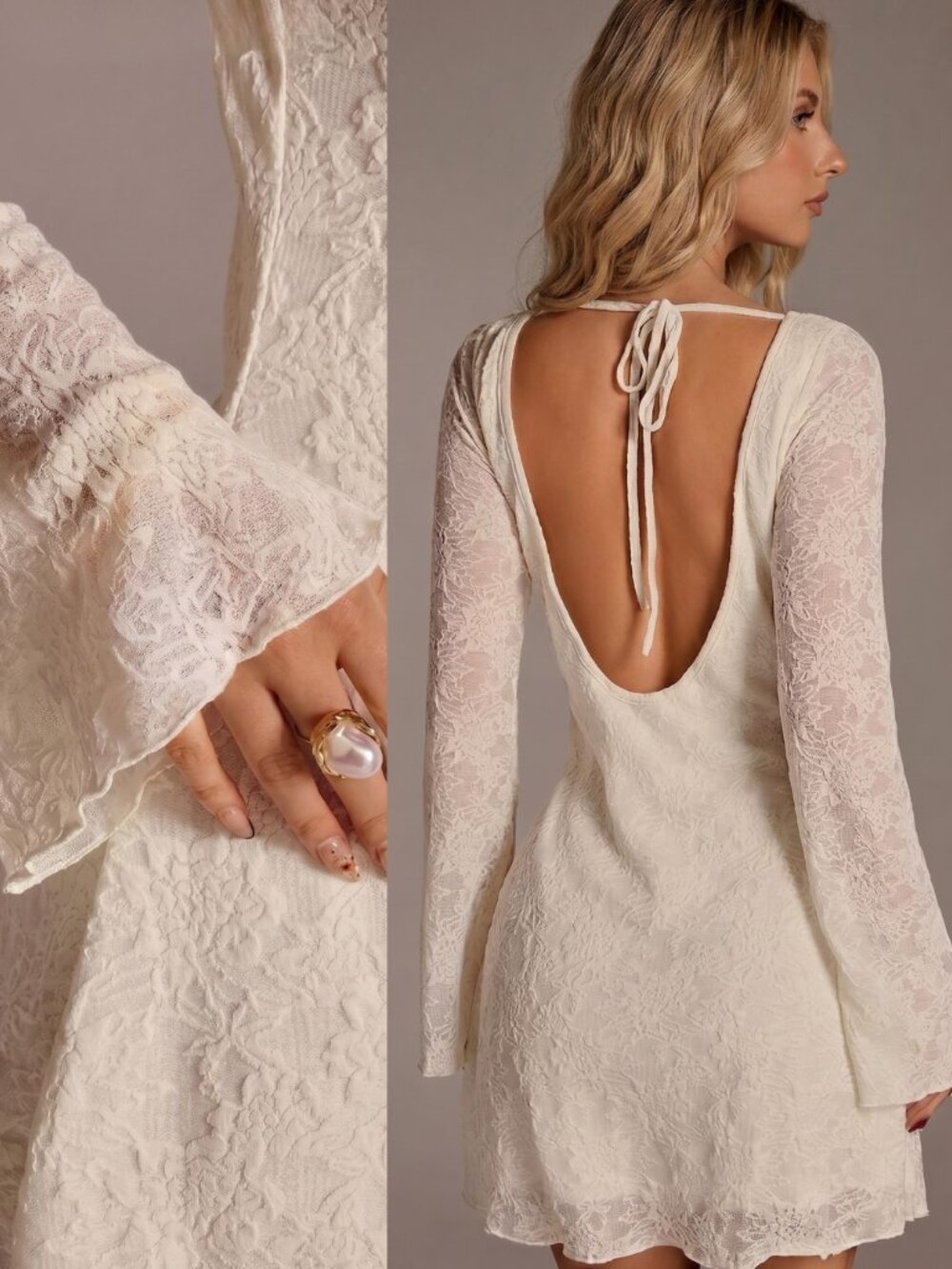 Women’s White Lace Mini Dress Bell Sleeve Backless Vintage Knit Jacquard Chic